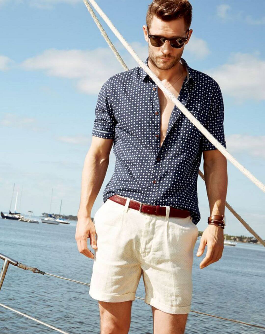 men summer fashion with blue dotted shirt and short 
