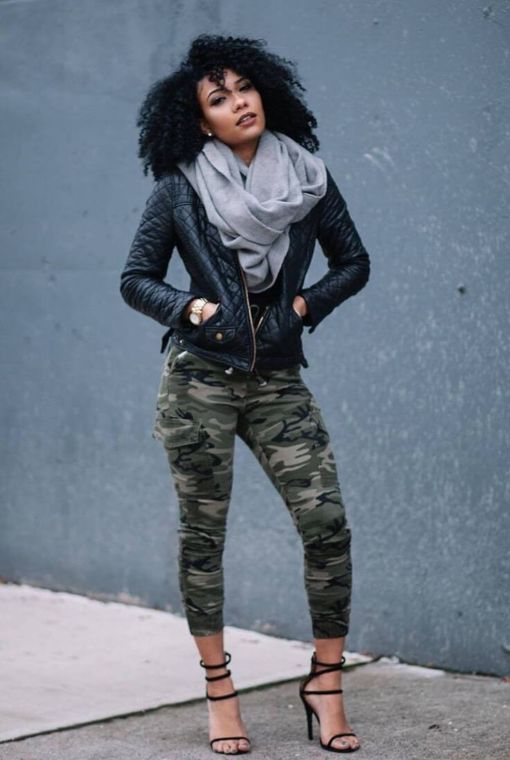 High Waist Army Print Skinny With A Leather Jacket