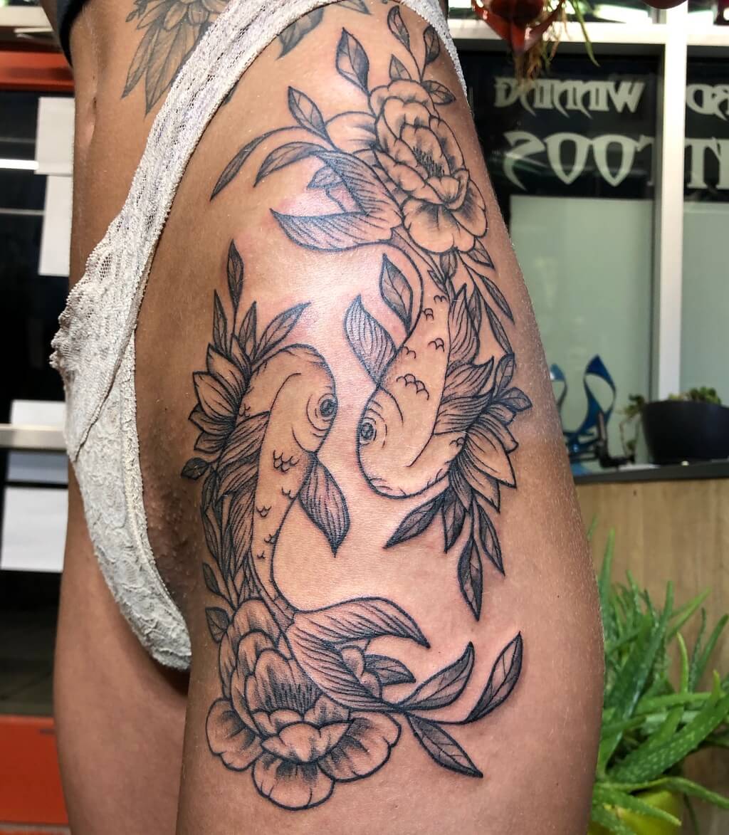 Koi Fish Female Side Thigh Tattoos