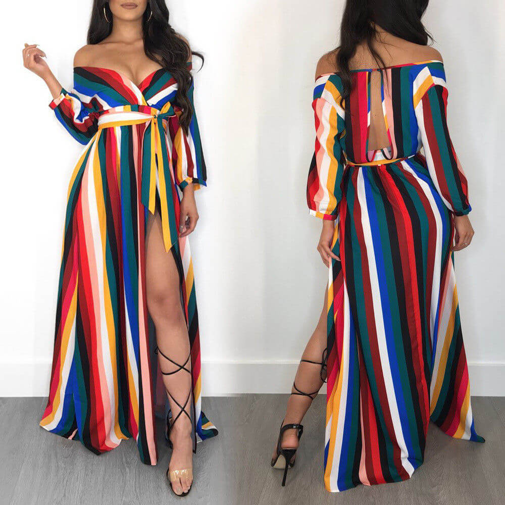 Long Off-Shoulder Dress With Colorful Stripes For Easter