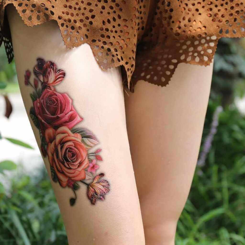 Women Rose Tattoo on Thigh
