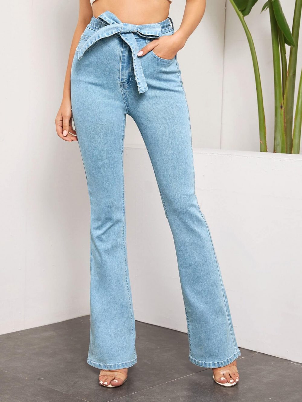  Belted High Waist Flare Jeans