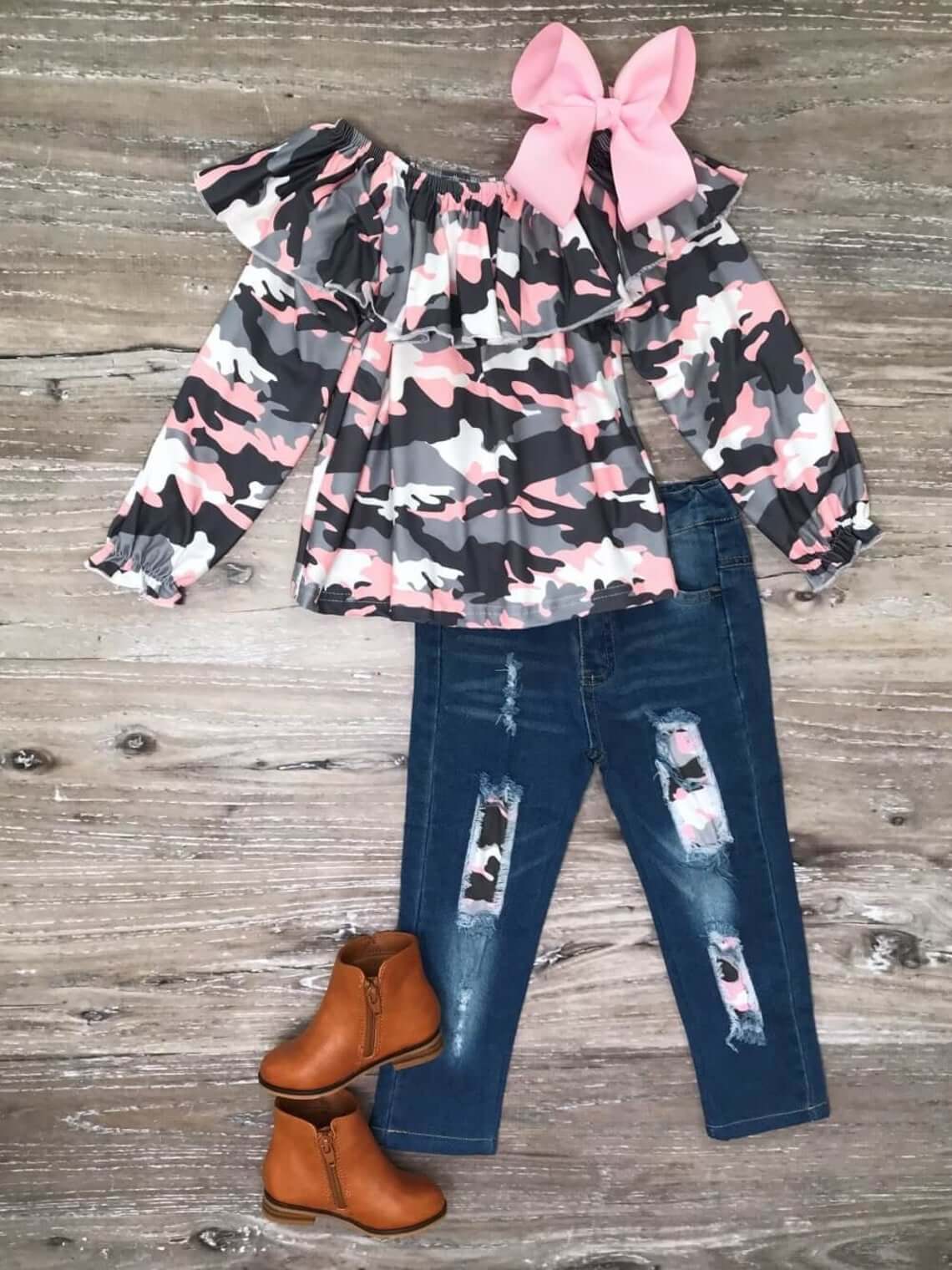 pink and gray camo outfit