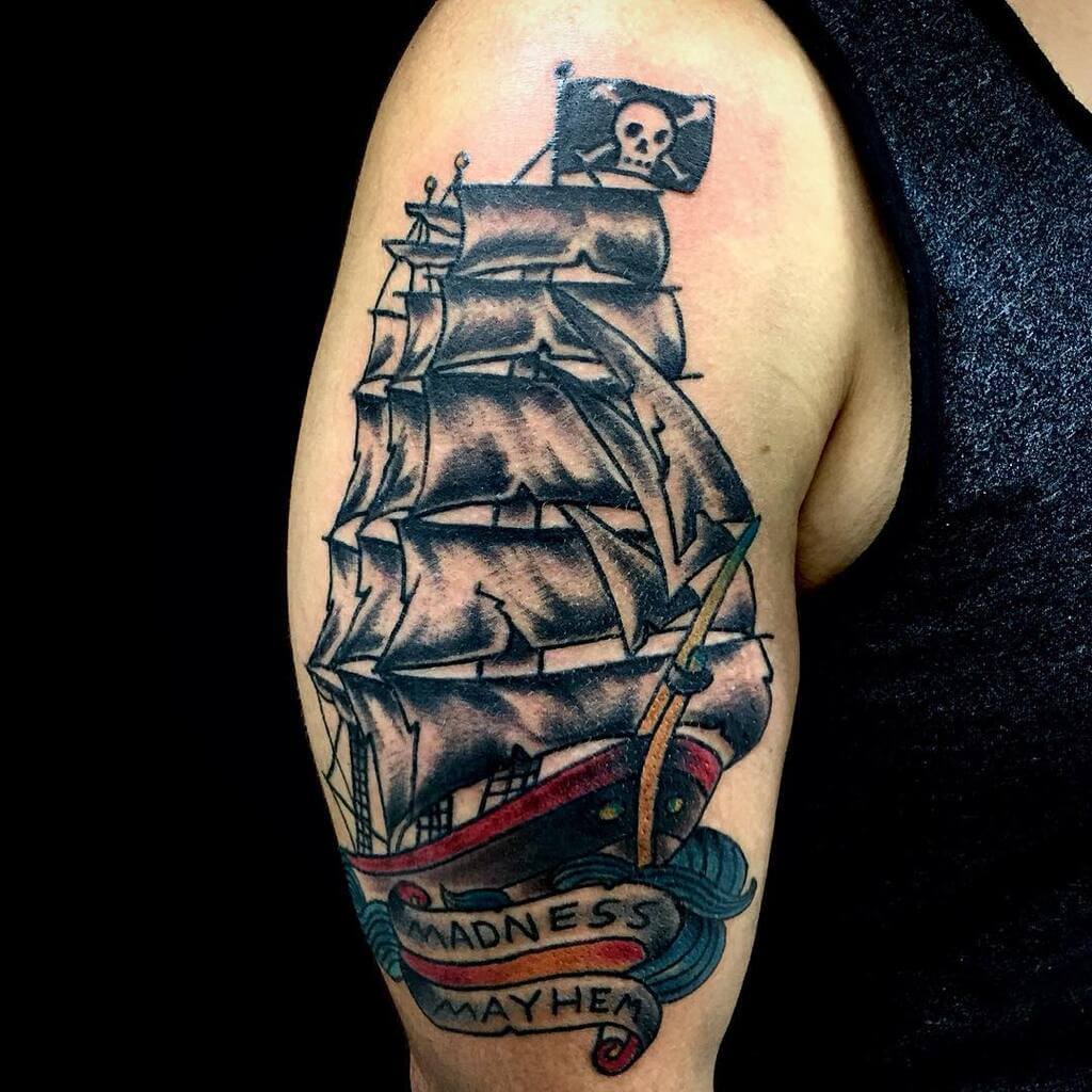 Pirate Ship Tattoo: american traditional tattoo 2021