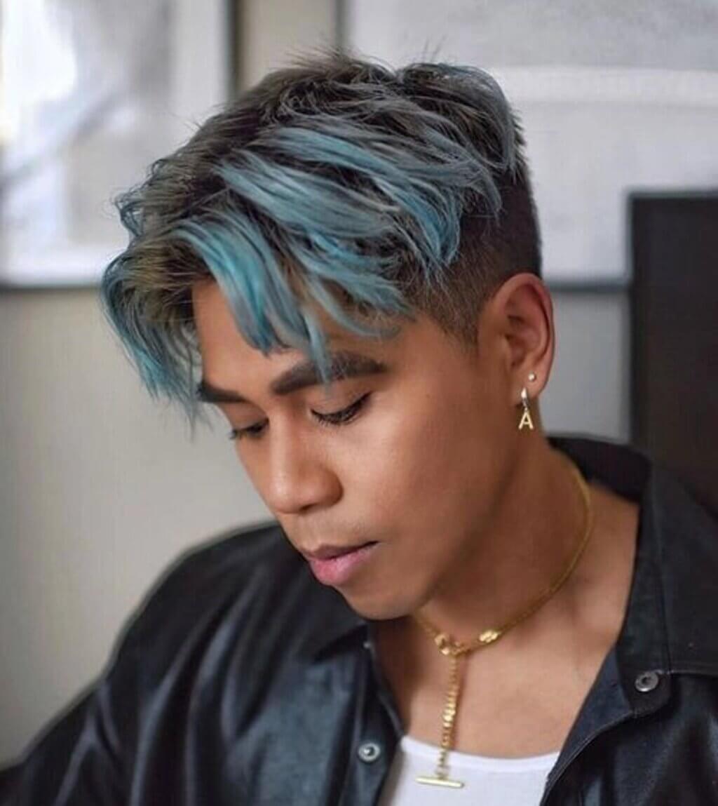 two-block haircut with blue highlight