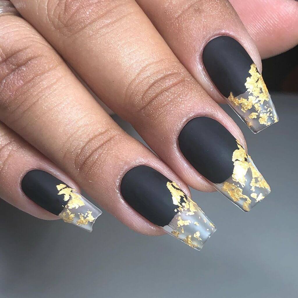 Glossy Black Nails with Gold Details