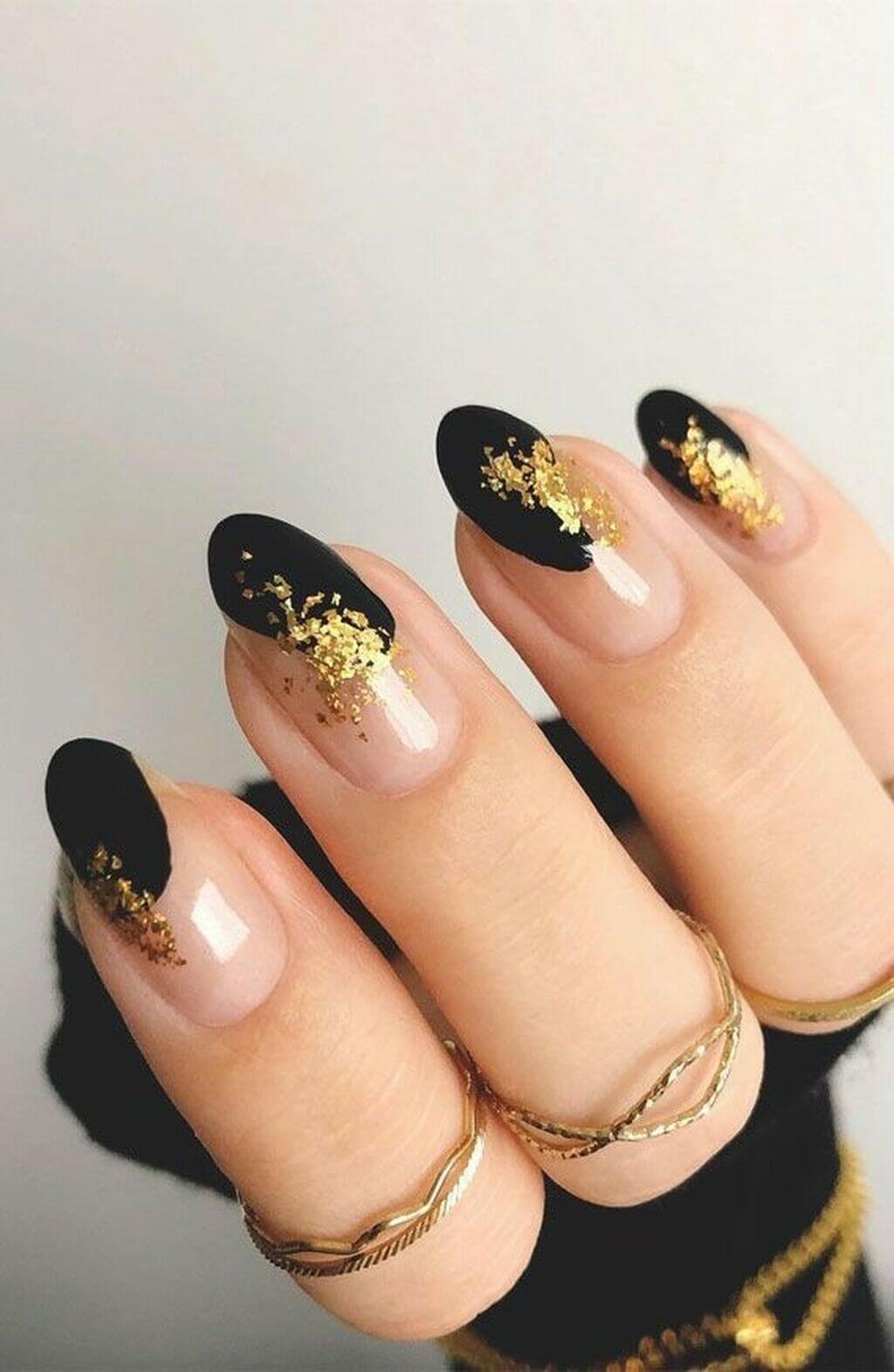 Glossy Black Nails with Golden touch