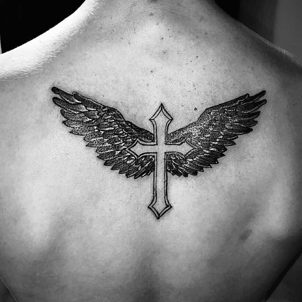 Cross and Feathered Wings Tattoo Design