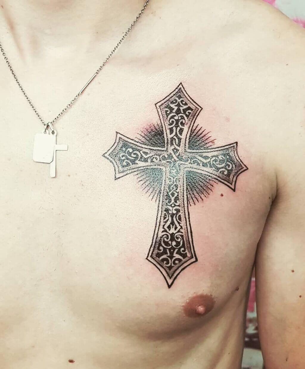 Christian Cross Tattoo on Chest