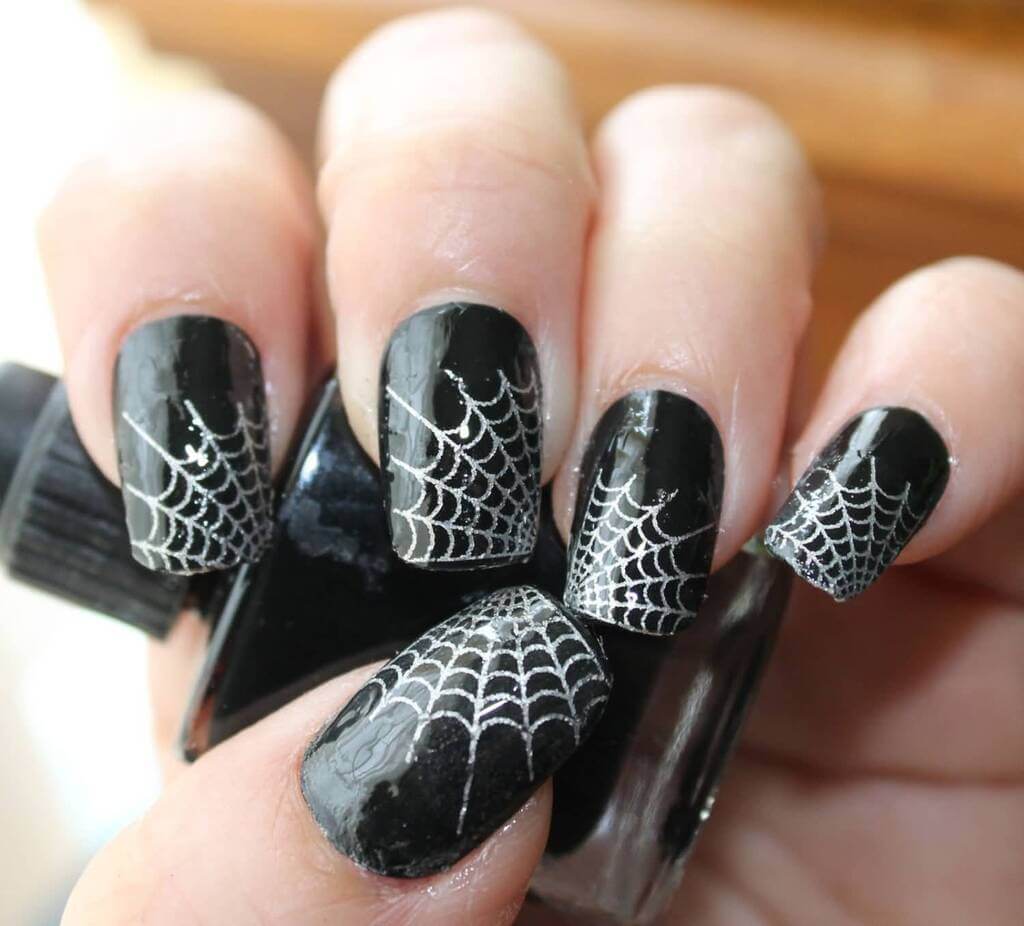 Eerie Black and white spider web  Halloween Nails Ideas