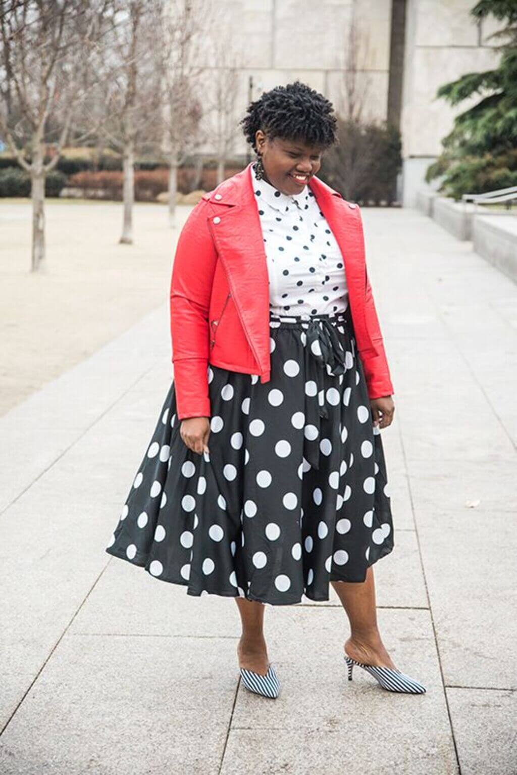 Biker Jacket with Polka Dot Top and Mid Skirt