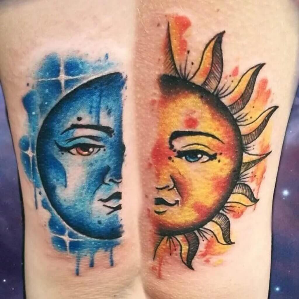 sun and moon tattoo on back shoulder