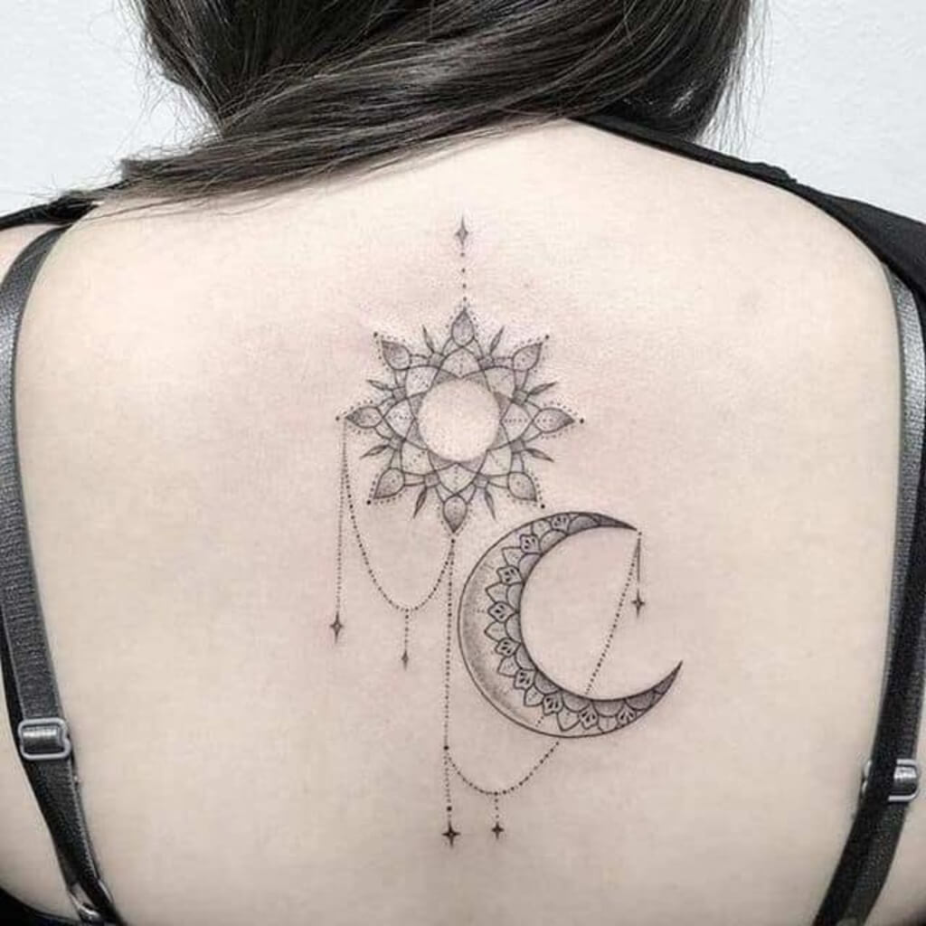 sun and moon tattoo under neck for women
