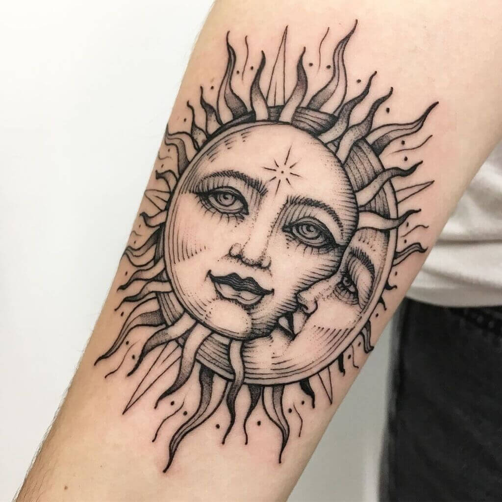 sun and moon tattoo on hand for women