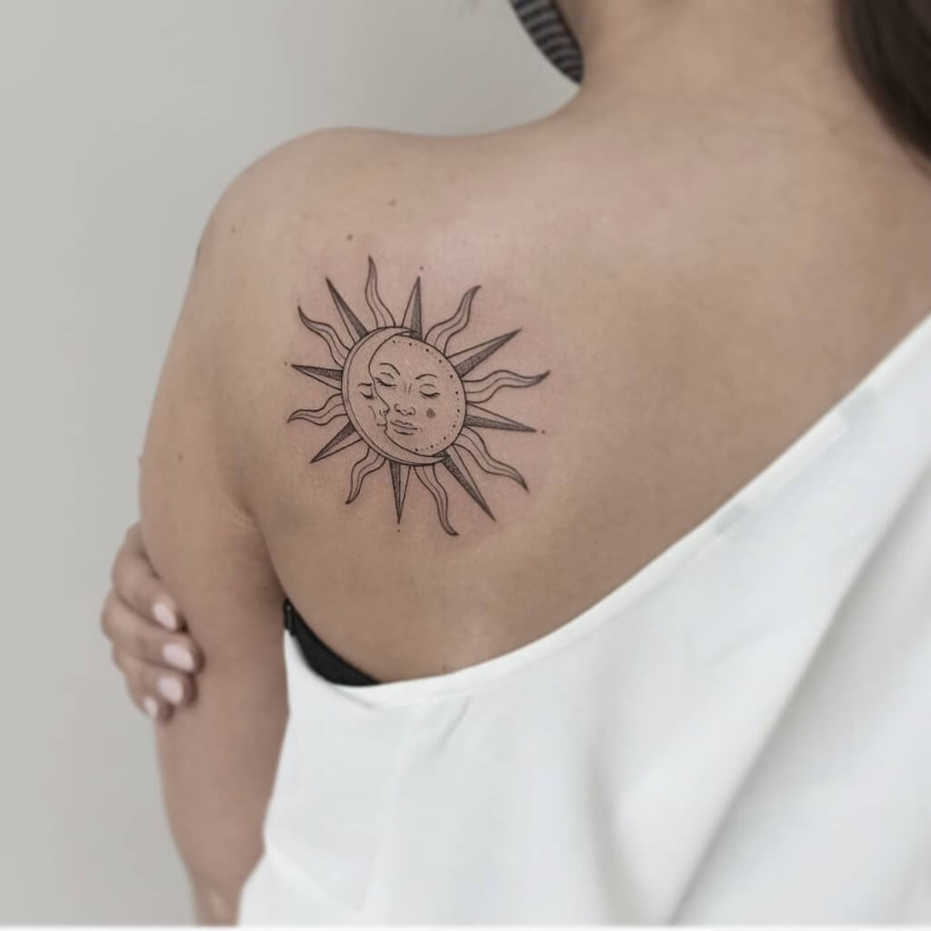 sun and moon tattoo on back shoulder for girls