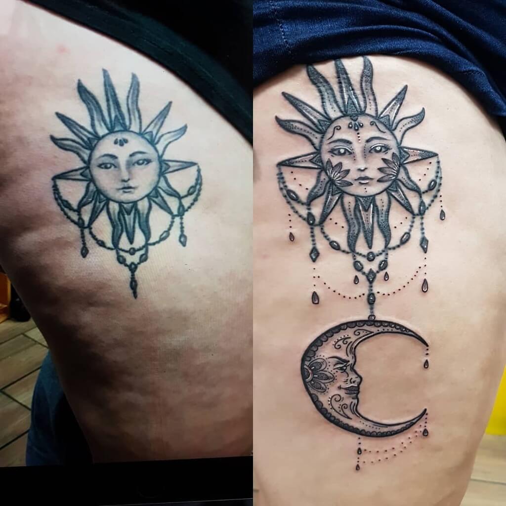 sun and moon tattoo on the thighs
