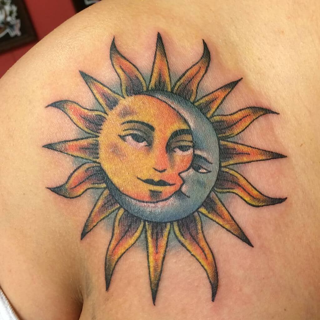 sun and moon tattoo on shoulder 