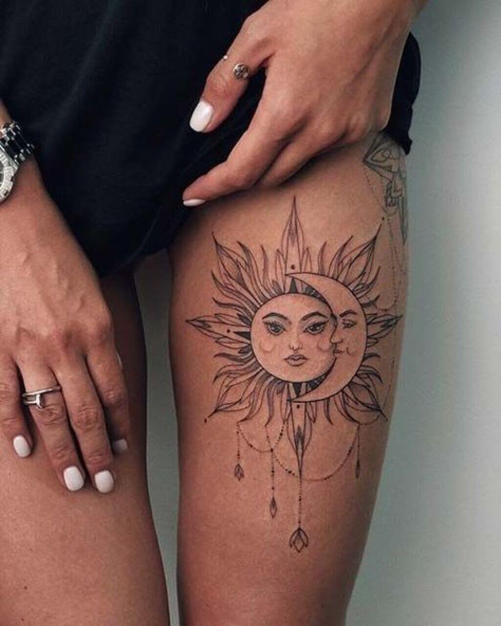Sun and Moon Couple Hanging Pendulum with Long and Nice Rays tattoo