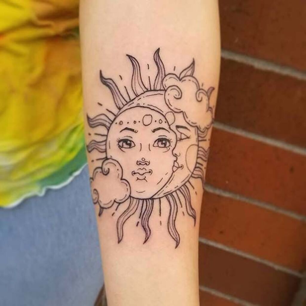 Cute Sun and Moon Tattoo with Clouds