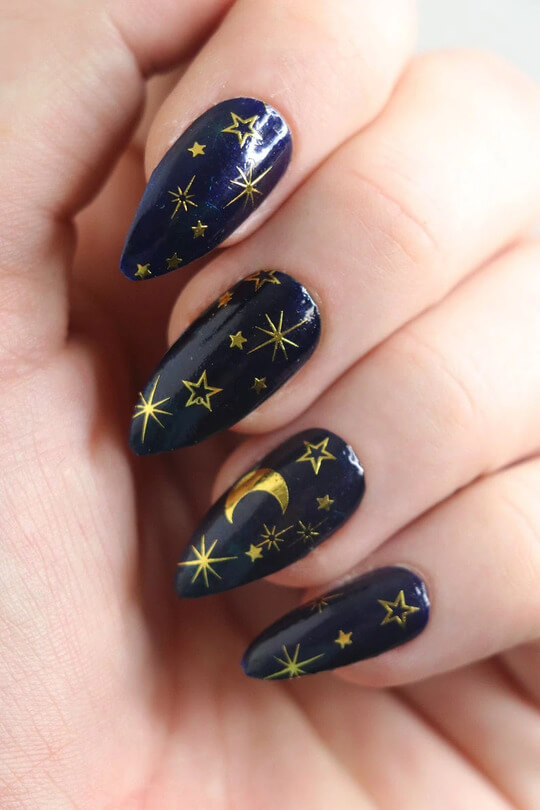 Black Short Nail Design with Moon and Star