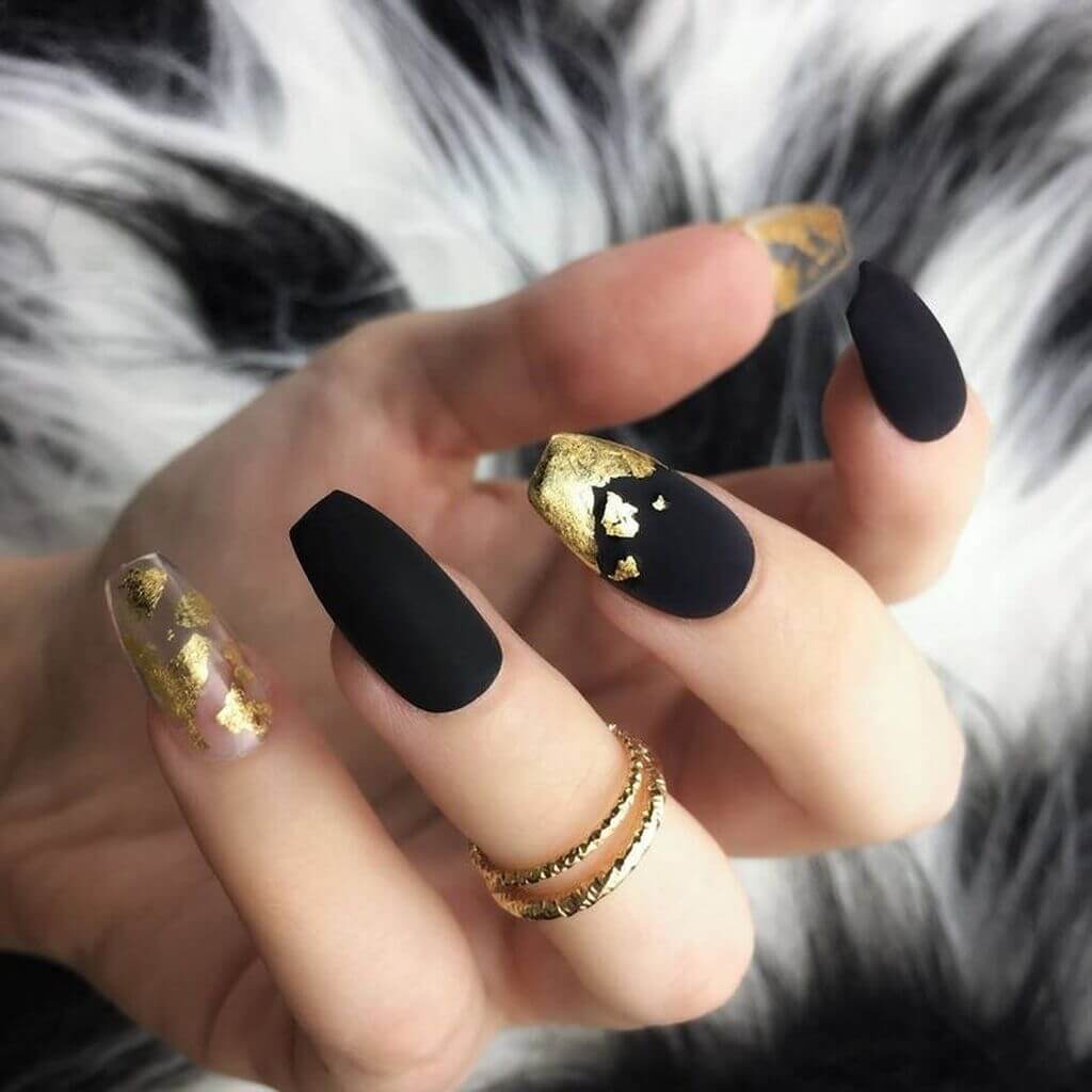 Coffin Nail Design in Black and Gold