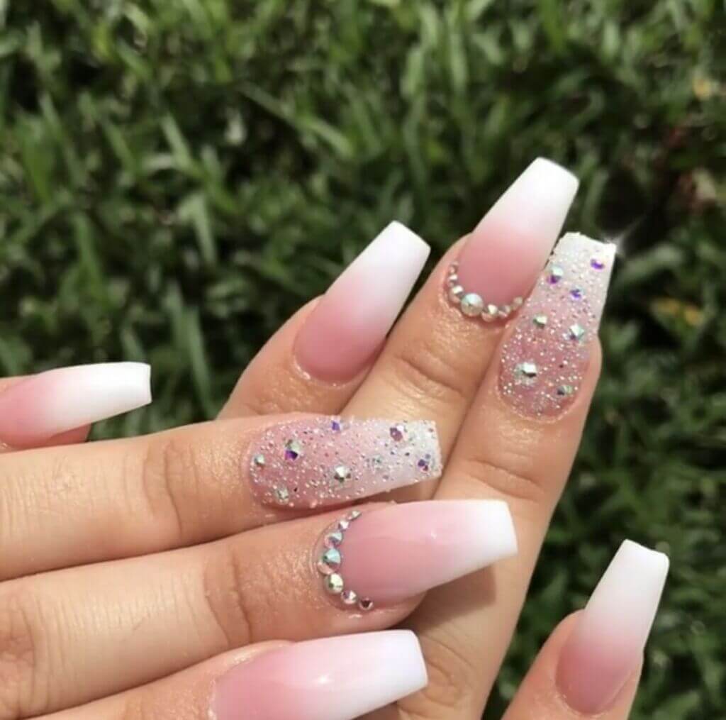 Coffin Nails with Pink Glitter and Diamonds