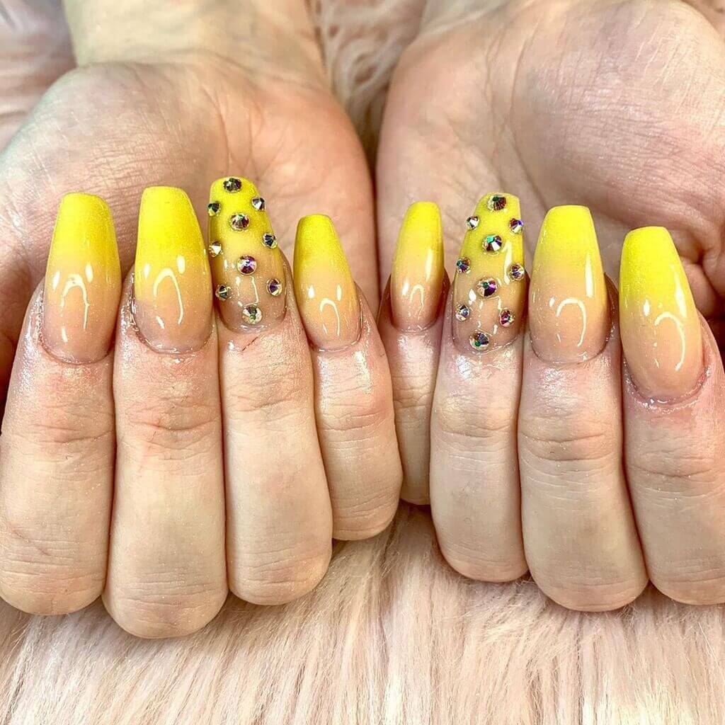 Coffin Nails in Yellow Ombre with Diamonds