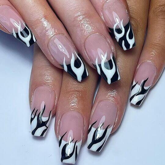Coffin Nails with Black and White Nail Art
