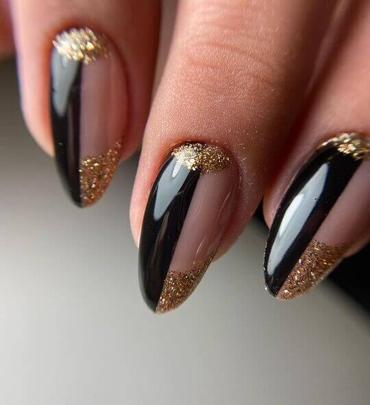 Coffin Nails with Black and Golden Colors