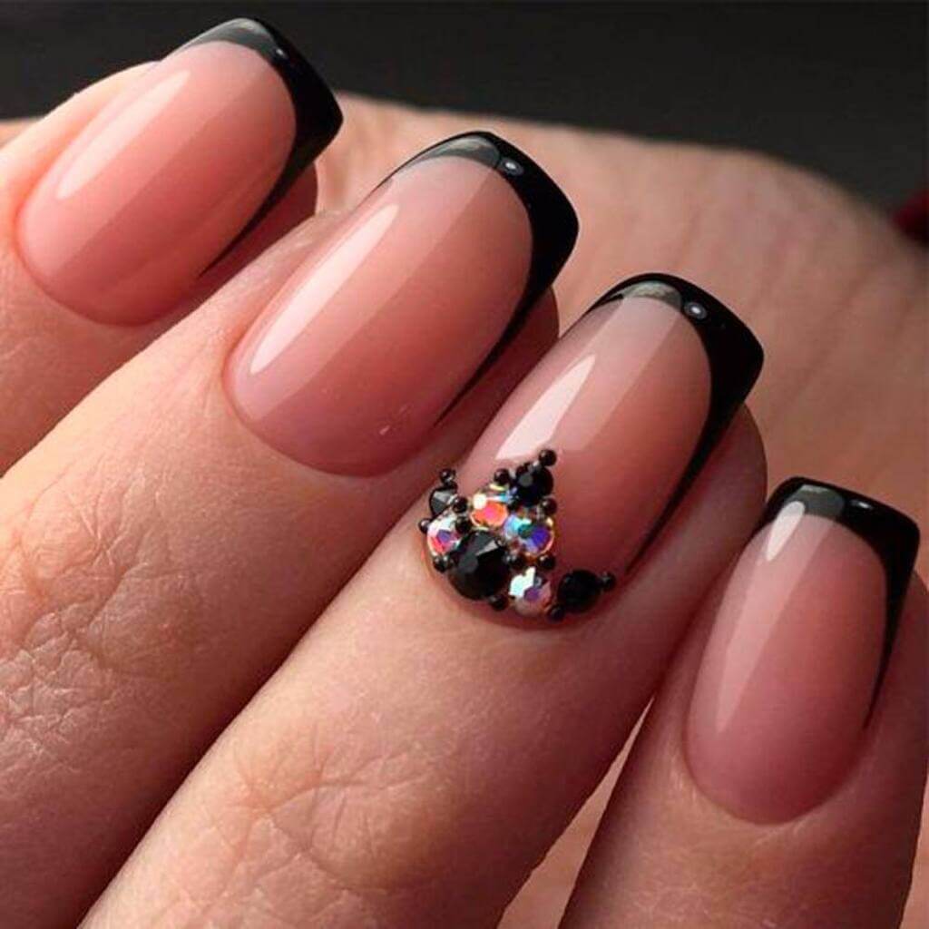 Short and Jeweled black french manicure