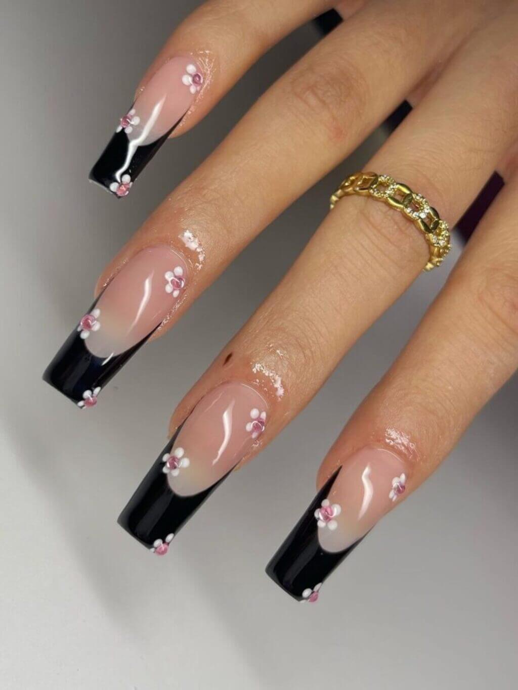 Black Coffin French Tips with Roses