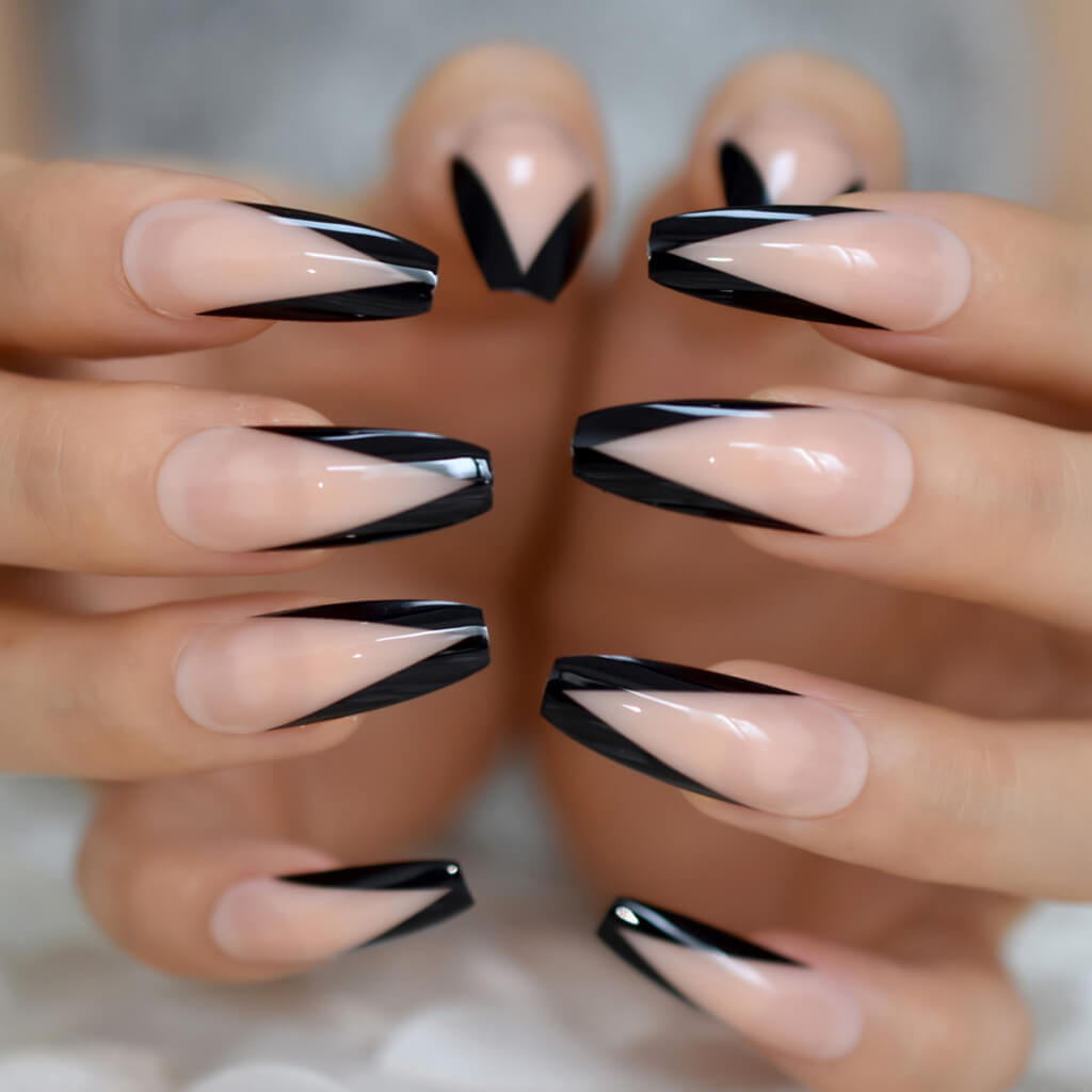 Long and Nude Coffin Black French Tips