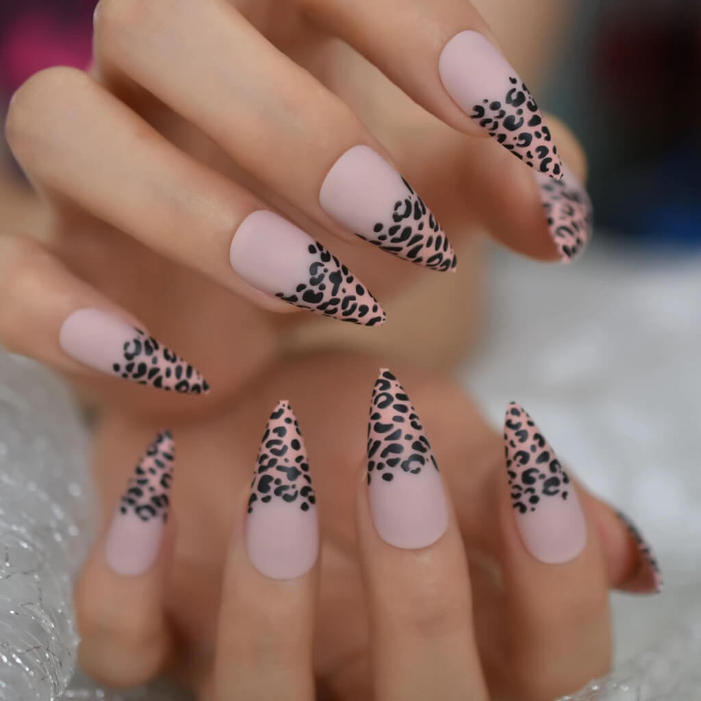 Leopard Squoval Printed Black French Tips