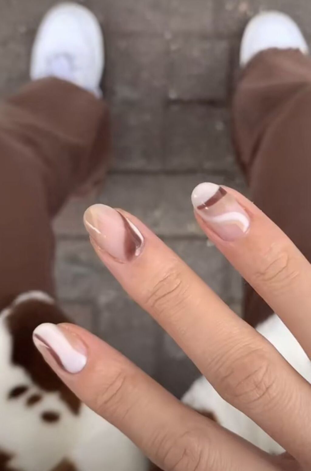 Brown and White Short Acrylic Nails