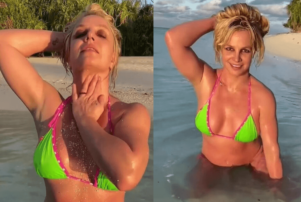 Britney Spears shows off her toned abs in a neon green bikini