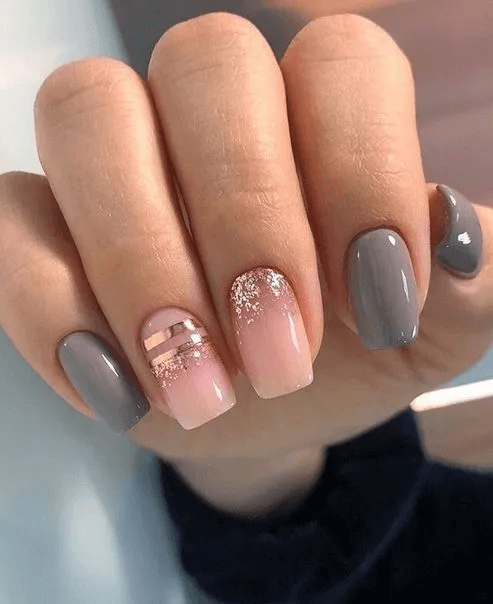 Gray and Pink, Silver Glitter Acrylic Nails