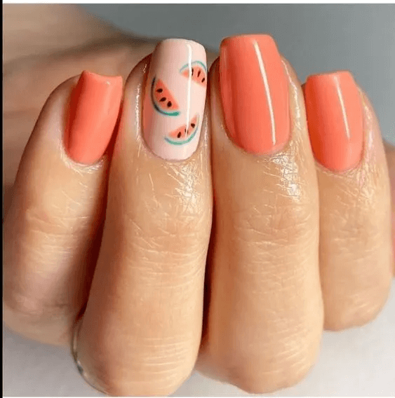 Beautiful Peach Watermelon Acrylic Nails