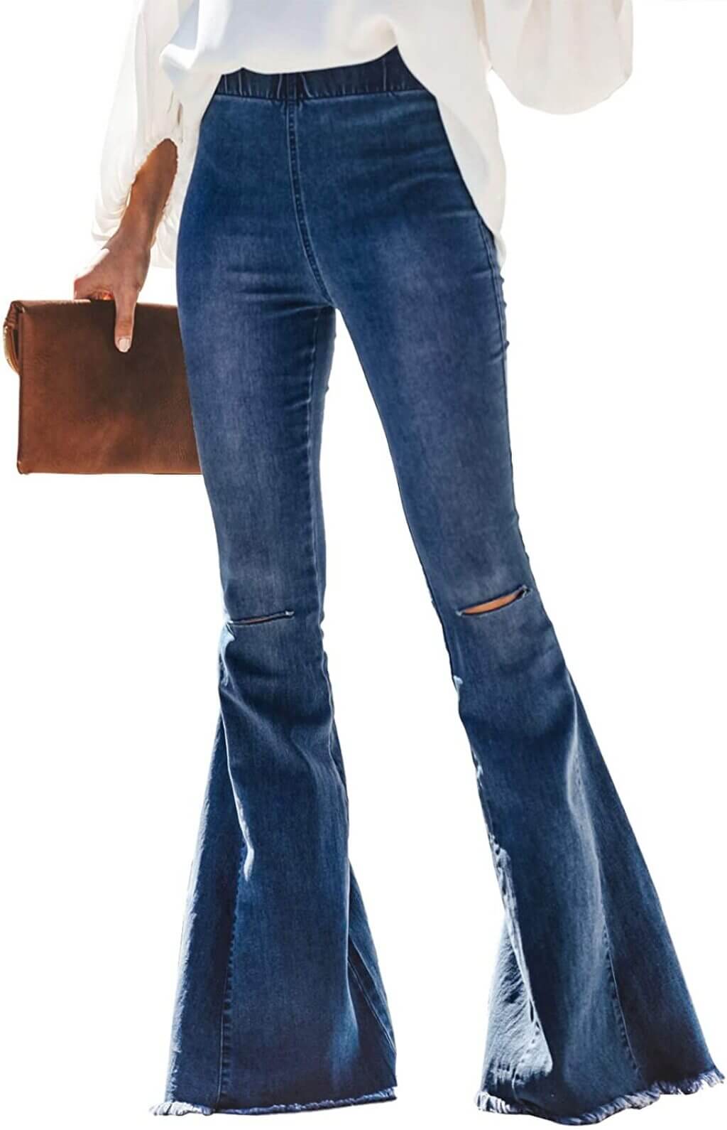 Women Flare Wide Legged Denim Jeans with Elastic Waist