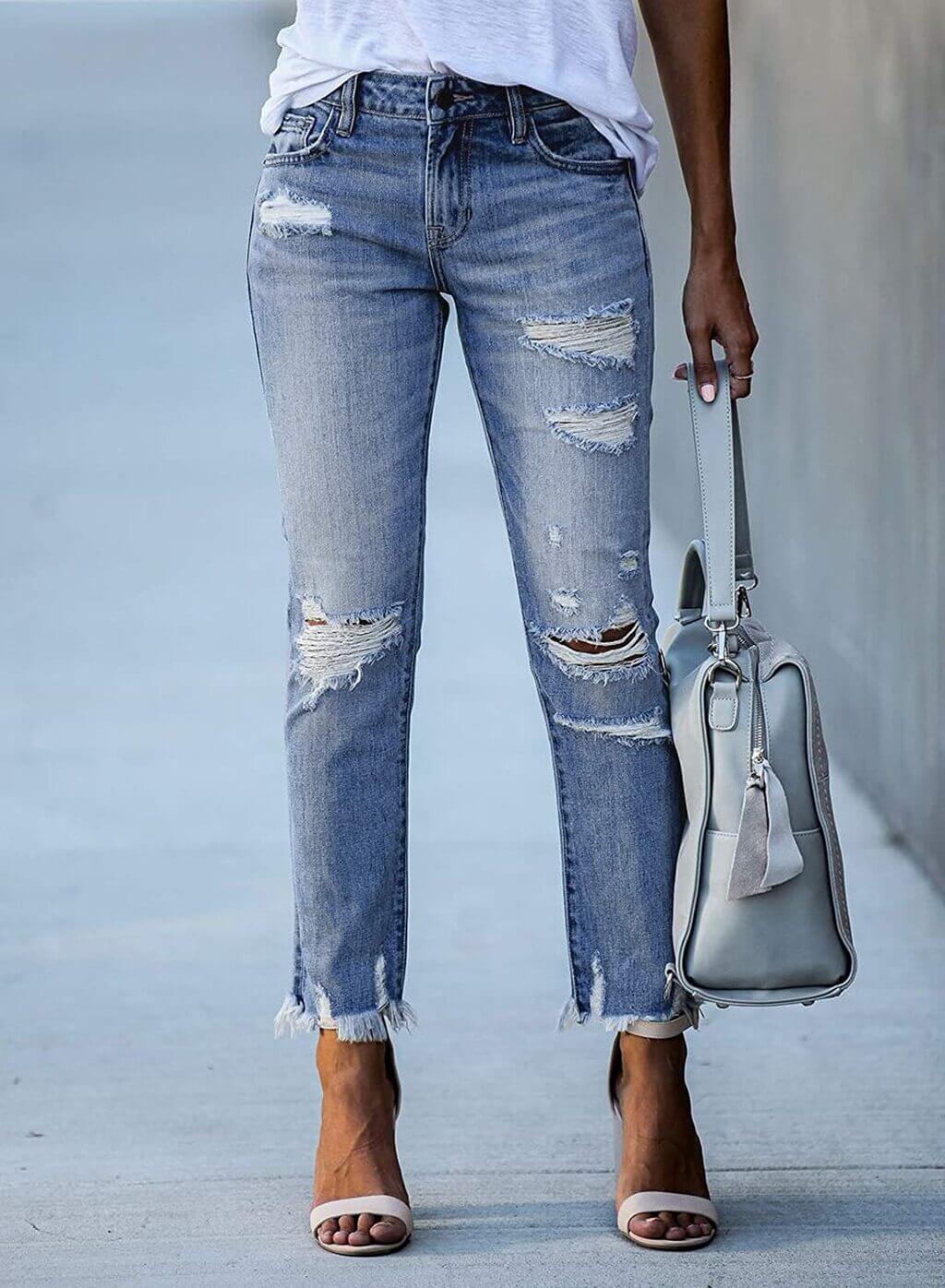 Sidefeel Distressed and Ripped Womens Straight Leg Jeans