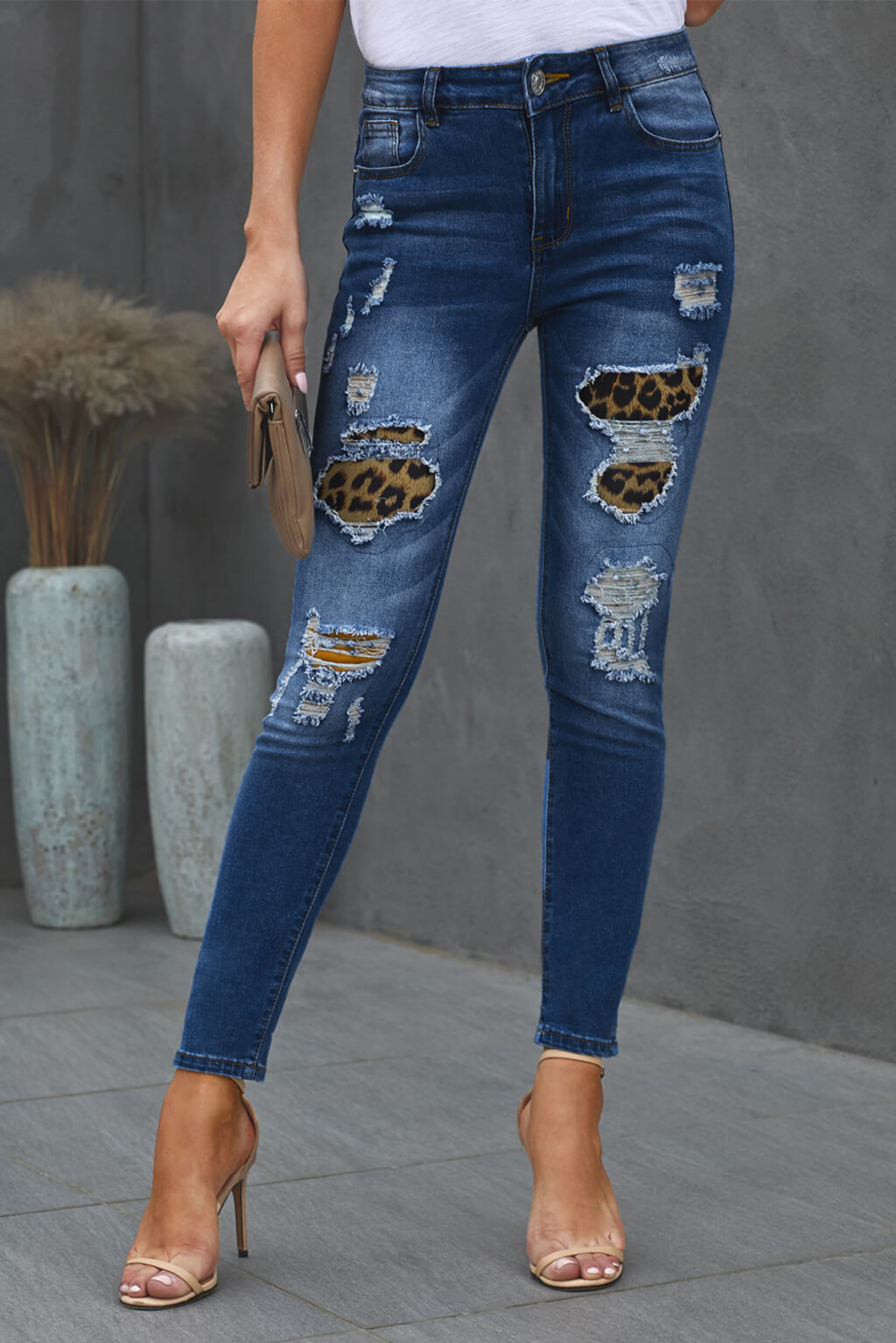 Patches of Leopard Denim Distressed Jeans