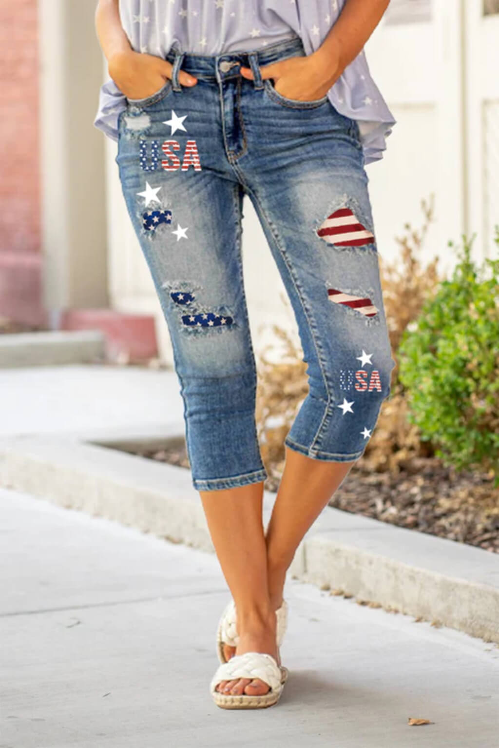 American Flag Ripped Denim Capri Jeans