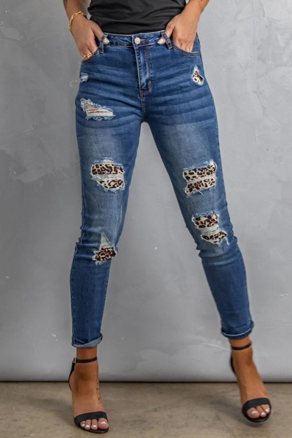 Leopard Ripped Slim Jeans