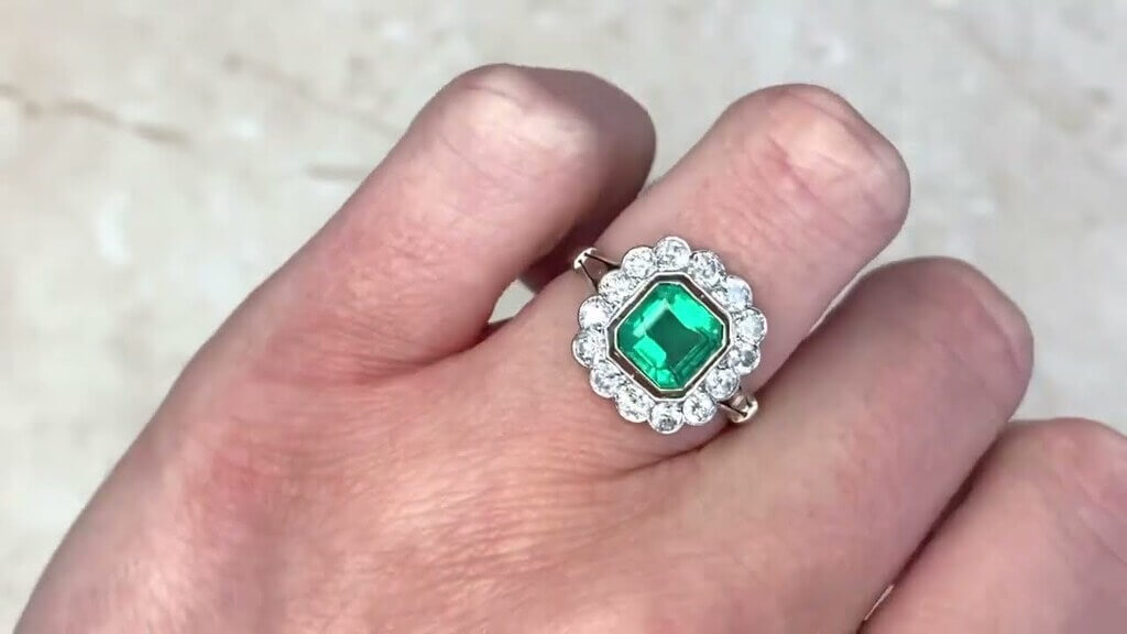 Double Halo Colombian Emerald Ring