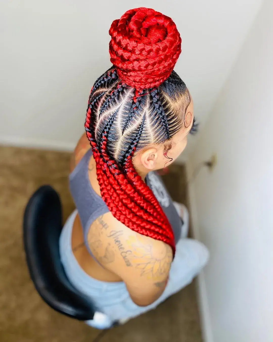 Red Color Stitch Braids With a Half Up, Half Down
