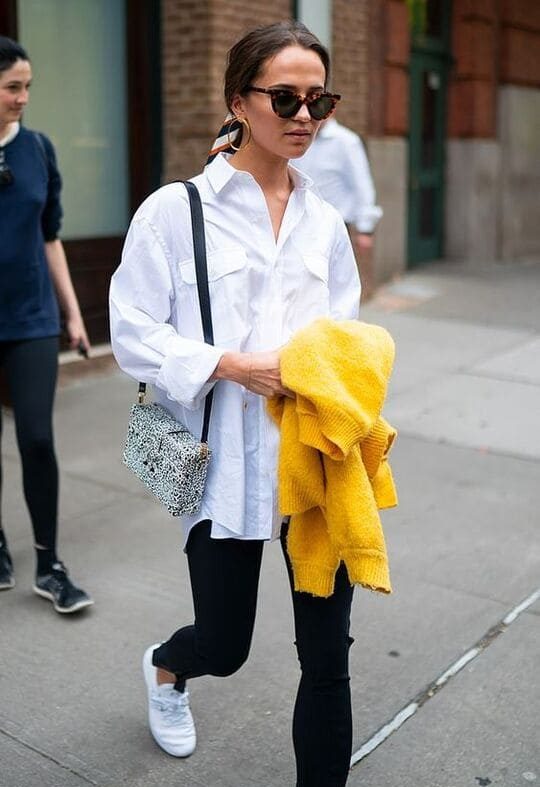 Alicia Vikander with oversized white shirt 