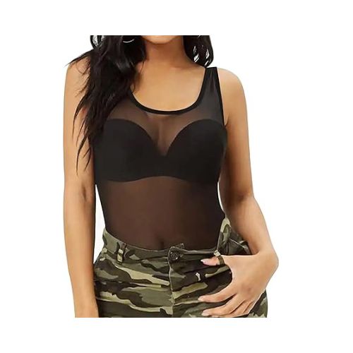 Allchic Womens Sheer Mesh Tank Tops See Through Scoop Neck Blouses Sleeveless Sexy Tops