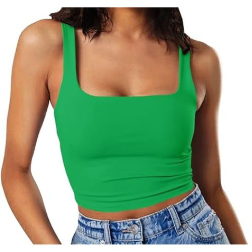 Artfish Womens Sleeveless Strappy Tank Square Neck Double Layer Workout Fitness Casual Basic Crop Tops