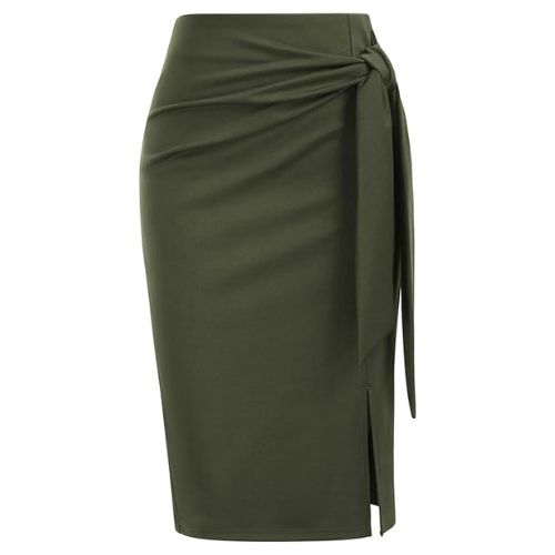 Kate Kasin Women's Skirt Elastic High Waist Bow Tie Knee Length Stretch Bodycon Pencil Skirts with Slit