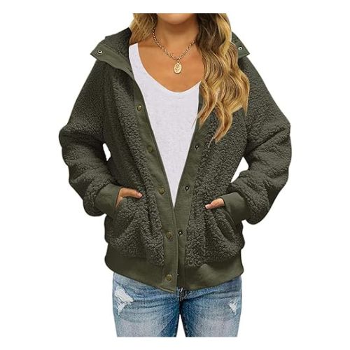 MEROKEETY Womens Winter Long Sleeve Button Sherpa Jacket Coat Pockets Warm Fleece