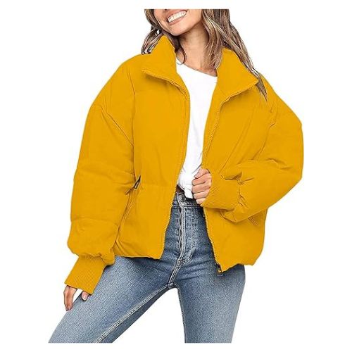 MEROKEETY Women's Winter Long Sleeve Zip Puffer Jacket Pockets Baggy Short Down Coats